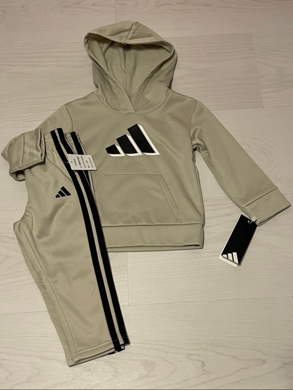 Adidas Kids Beige Hoodie and Track Pants Set with Black Stripes